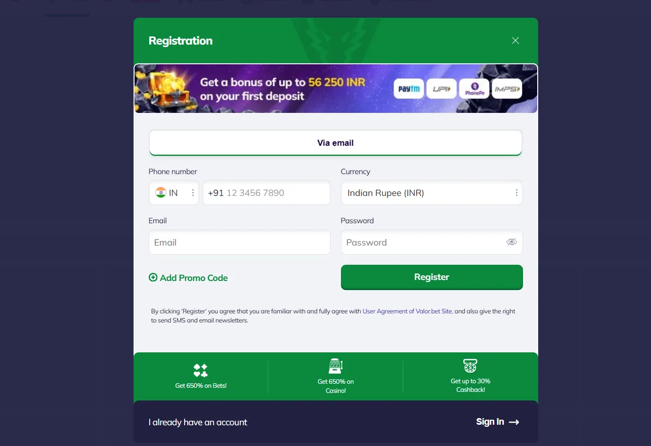 valor bet registration India